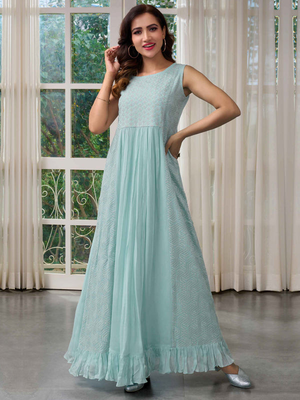 Soothing Sky Blue Long Threadwork Gown Plus Kurti and Frilled Borders