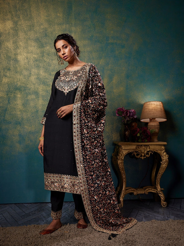 Stunning Black Party Wear Suit with Golden Embellishment Paired with Heavy Dupatta