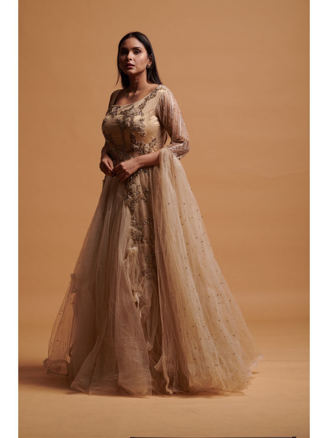 Party Wear Gowns: Buy Designer Gowns for Party Online - Kalki Fashion |  Beige cocktail dresses, Gowns, Ball gowns