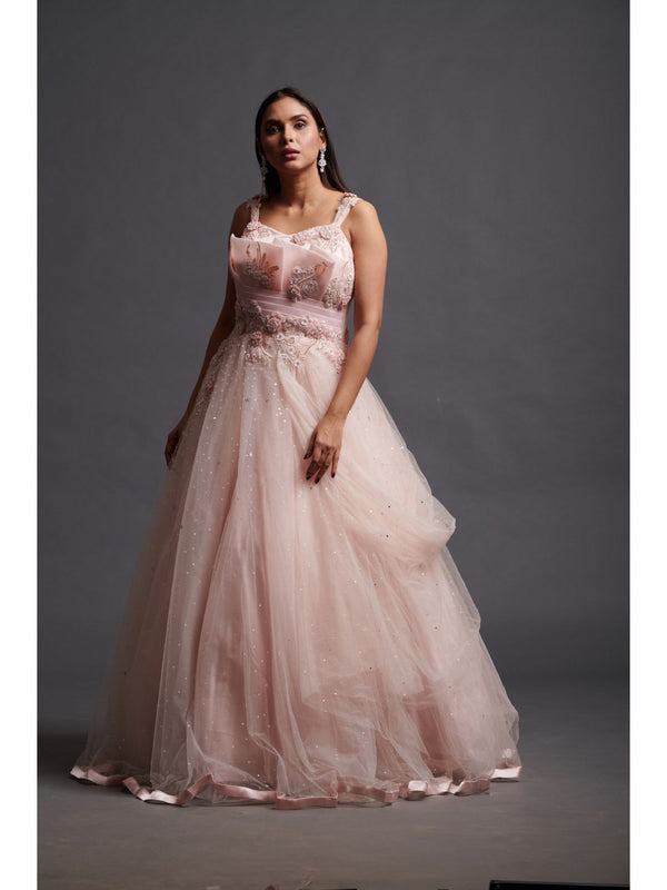 Pleasing Baby Pink Net Cocktail Gown With Embroidery