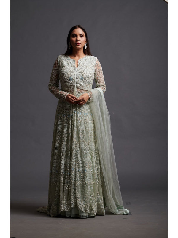 Refined Mint Green Net Lehenga With Bead Work All Over