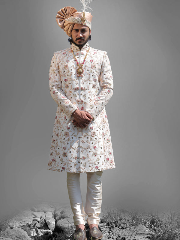 Glitz Off White All-Over Mirror-Work Silk Sherwani For Men
