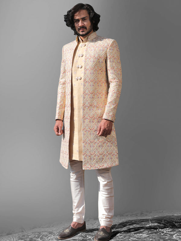 Exquisite Beige Stylish Designer Mens Silk Sherwani From Suvidha