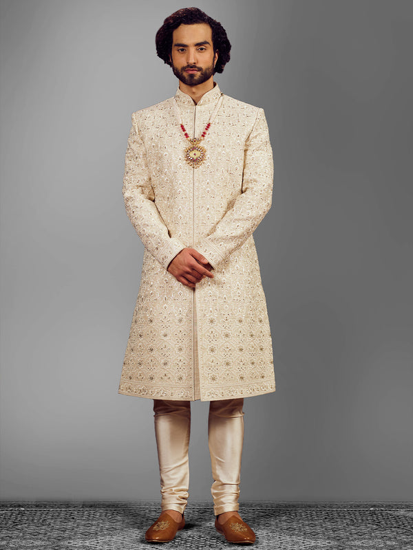 Glitz Off White All-Over Mirror-Work Silk Sherwani For Men