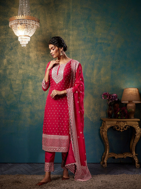 Traditional Suit in Red for Women Enriched in Goldenish Work