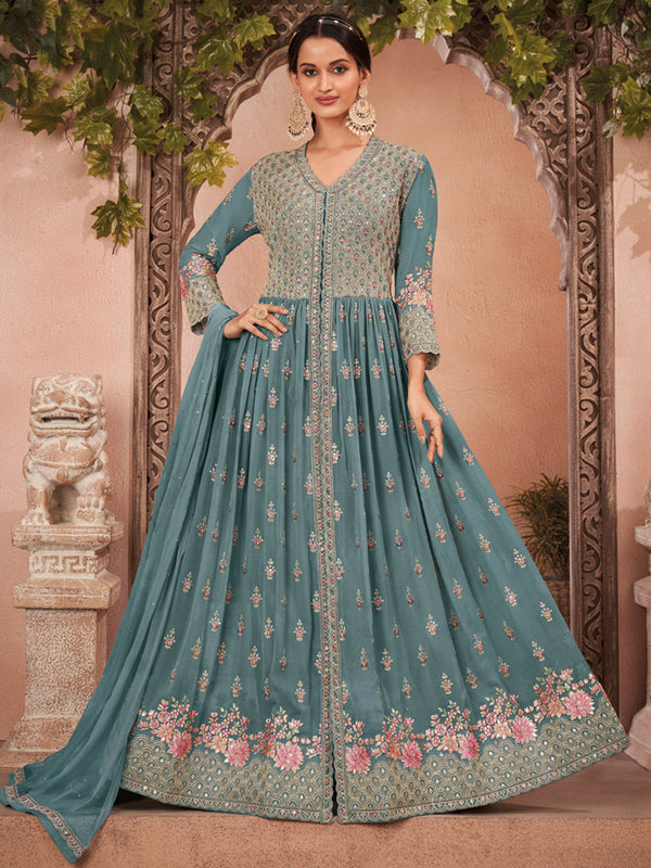 Stunning Grey Long Gown Enriched with Pink Floral Embroidery all Over