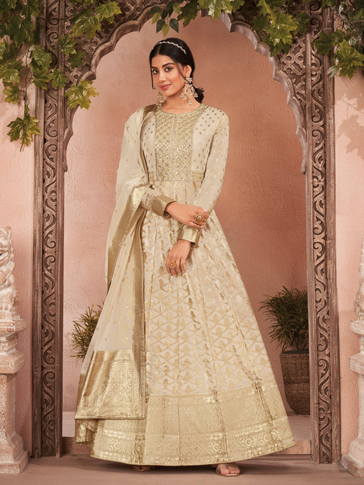 Creamish Gold Anarkali Set in Georgette Banarasi Style Fabric Suvidha Fashion Creamish Gold Anarkali Set in Georgette Banarasi Style Fabric Suvidha Fashion