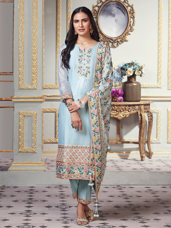 Women Readymade Dress Full of Mult Coloured Embroidery on Light Blue Background