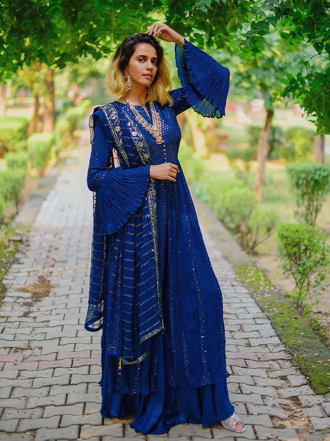 Influencer Approved Persian Blue Chiffon Kurti Palazo Set Enriched With Tikki Work