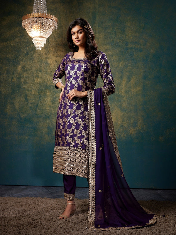 Royal Purple Jamawar Dress Matched with Heavy Bordered Dupatta