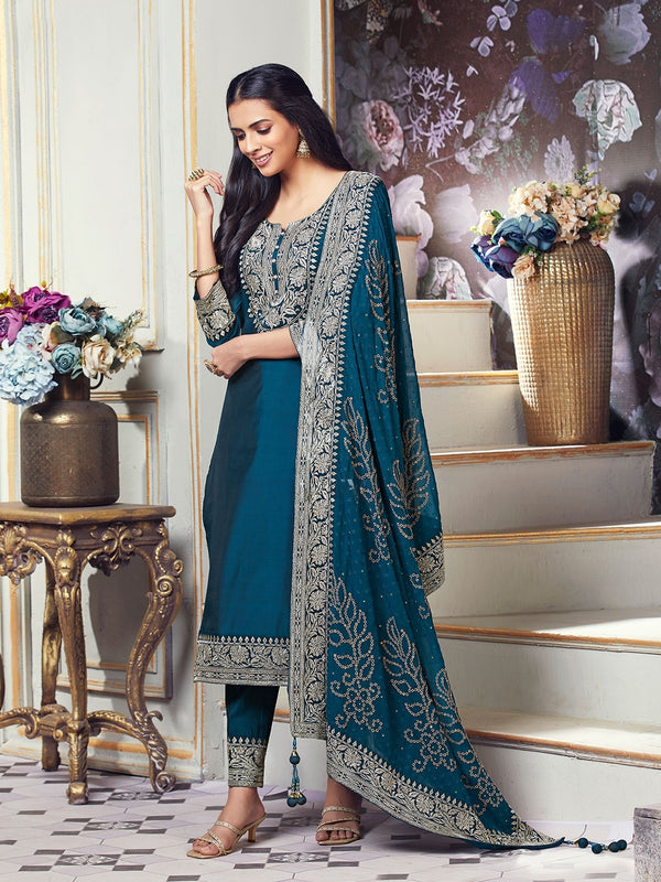 Warm Cobalt Blue Ready to Wear Suit Paired with Heavy Bordered Dupatta