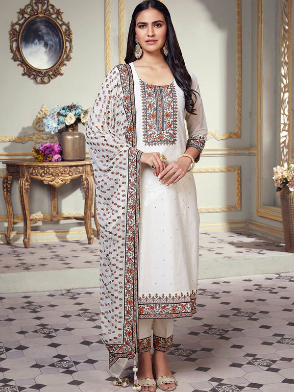 White Georgette Dress for Women Enriched in Multi Coloured Threadwork