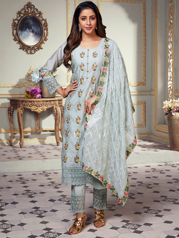 Greyish Blue Laced Suit for Women Enriched in Multi Coloured Floral Embroidery all Over