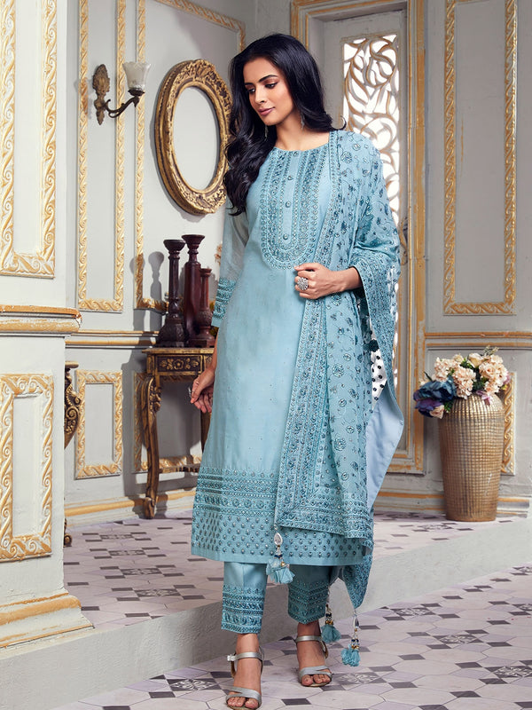 Fabulous Suit in Sky Blue with Self Colour Threadwork