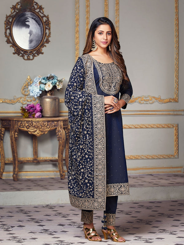Dark Blue Threadwork Suit for Women Contrasted with Heavy Worked Dupatta