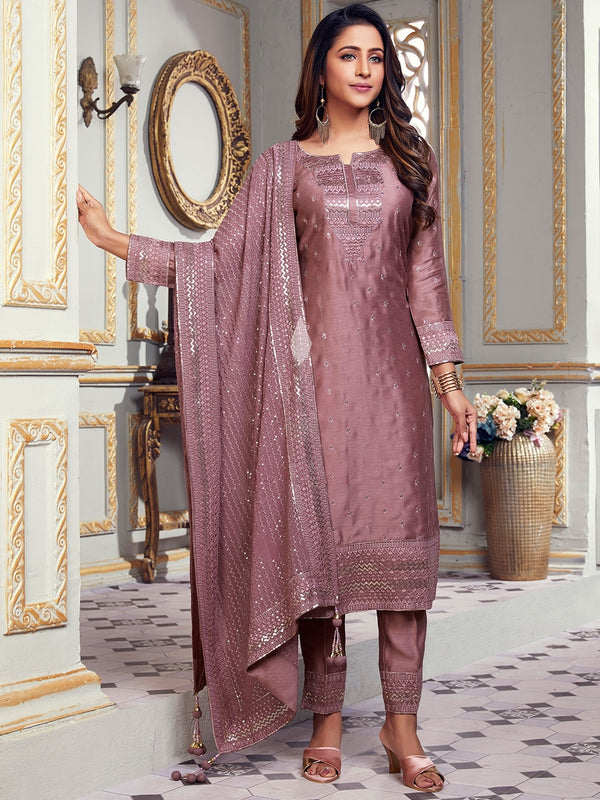 Women Sequined Stitched Traditional Dress in Onion Pink Hue