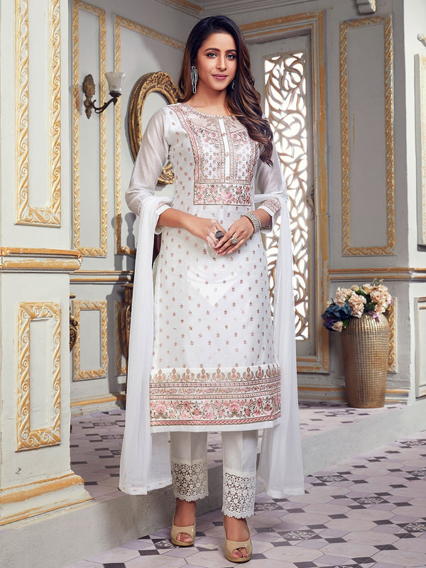 Dreamy White Embroidered Kurta Paired with Plain Dupatta and Laced Pants