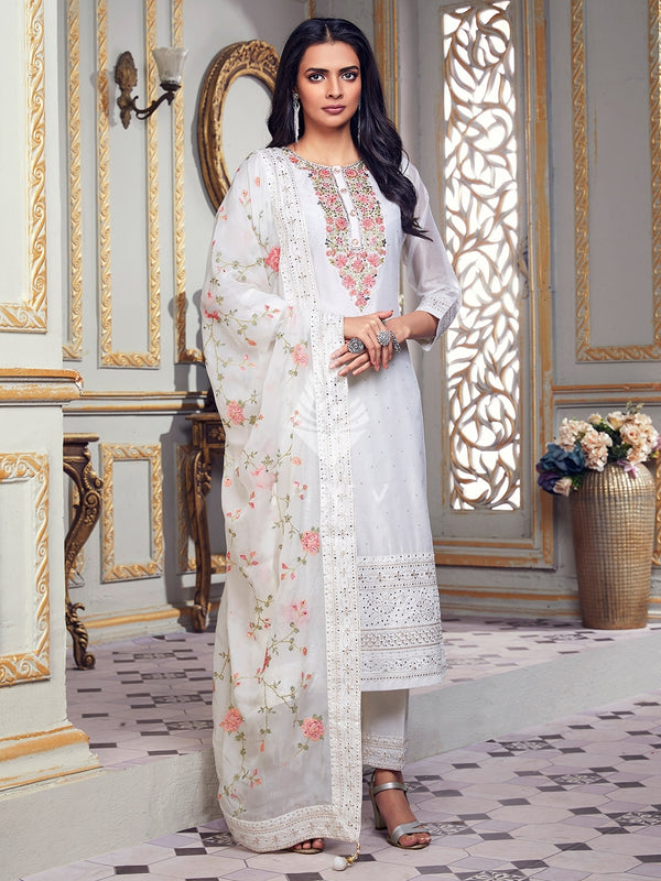 Summer Vibe Floral Printed Dupatta and Suit in Milky White Hue
