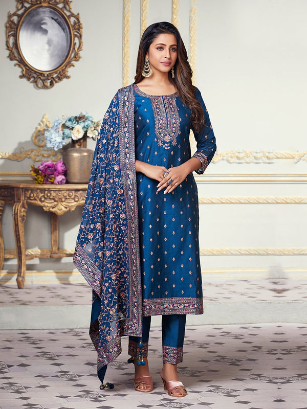 Classic Embroidered Suit in Blue Contrasted with Pink Work