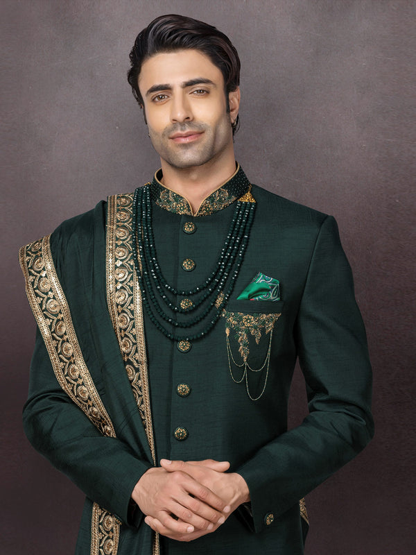 Bold Bottle Green Mens Ethnic Silk Indo Western Set