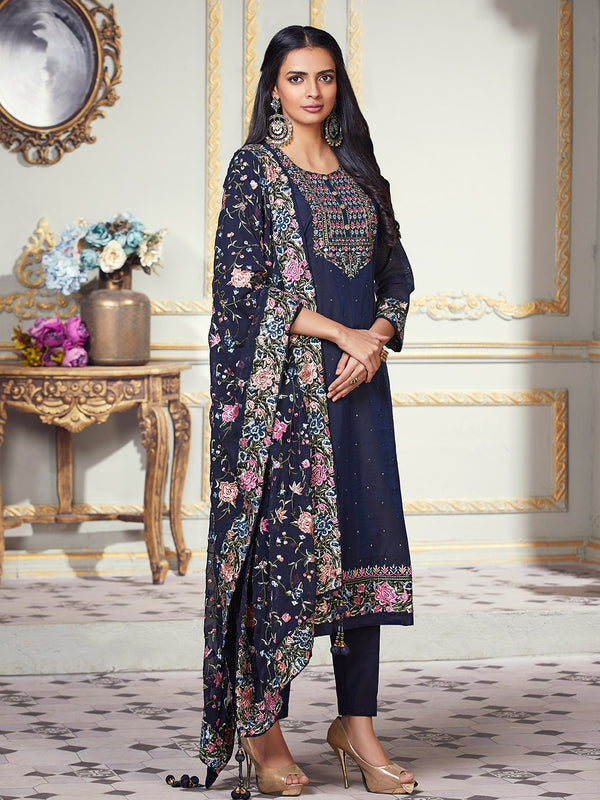Dashing Navy Suit for Women Adorned in Contrasting Floral Embroidery all Over
