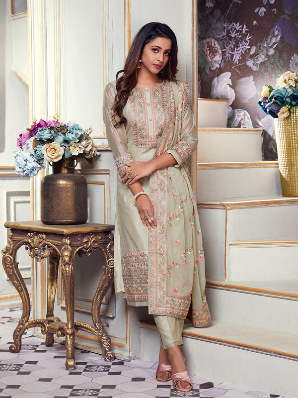 Women Pistachio Green Georgette Suit Enriched with Pink Floral Threadwork